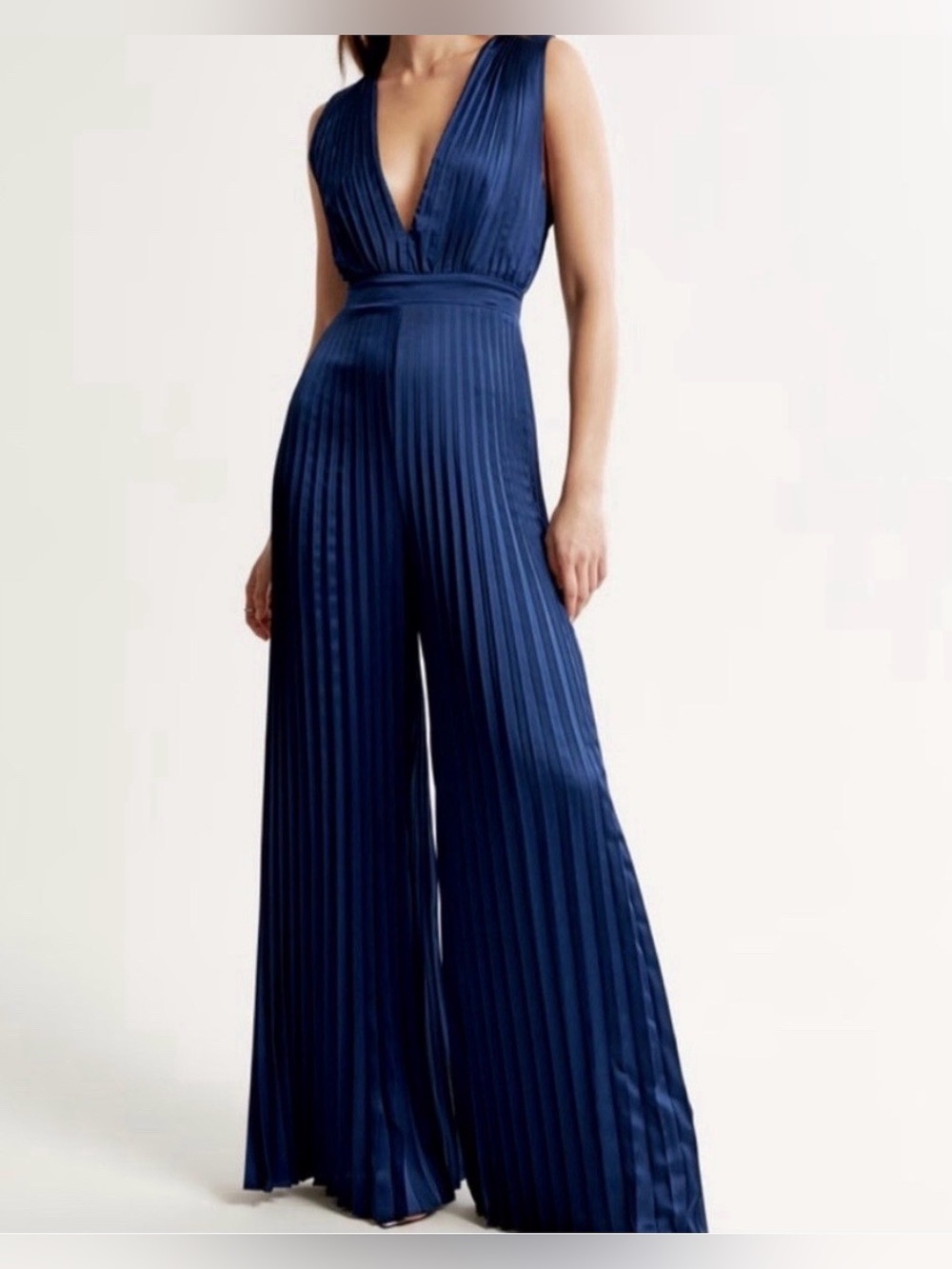 Abercrombie & Fitch Deep V Navy Pleated Wide-Leg Jumpsuit (tall)
